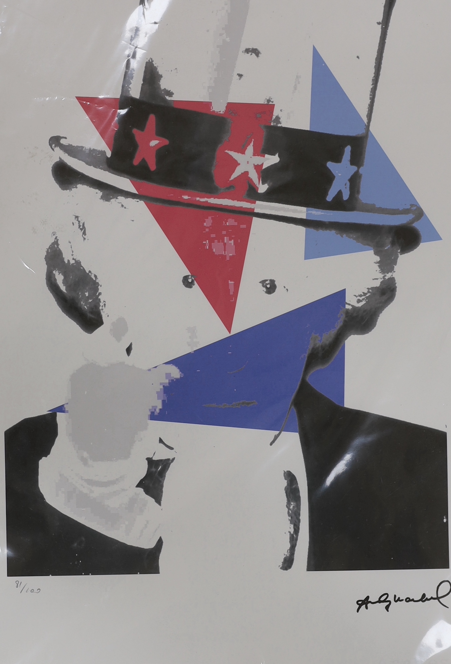 After Andy Warhol, pencil numbered colour lithograph, ‘Uncle Sam’ with Georges Israel Editeur, blind stamp and Arches France watermark, limited edition 81 of 100, Leo Castelli New York stamp verso, together with another,